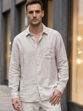 Lorenzini Men's Pinstripe Linen Button-Down Shirt Sz L